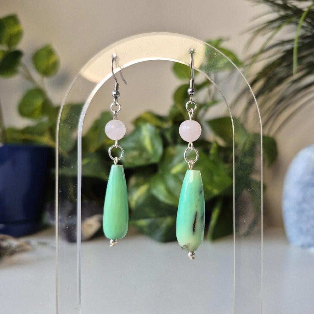 GREEN OPAL Handmade Earrings with Rose Quartz - Picture 2 of 8